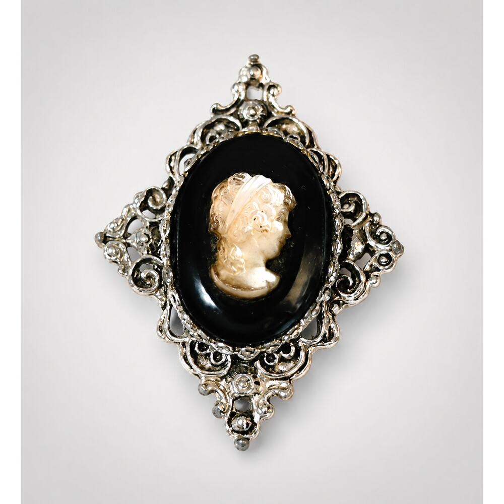 Vintage Black Glass Cameo Brooch Pin‎ Gold Tone Victorian Style Ornate 2" sab-4